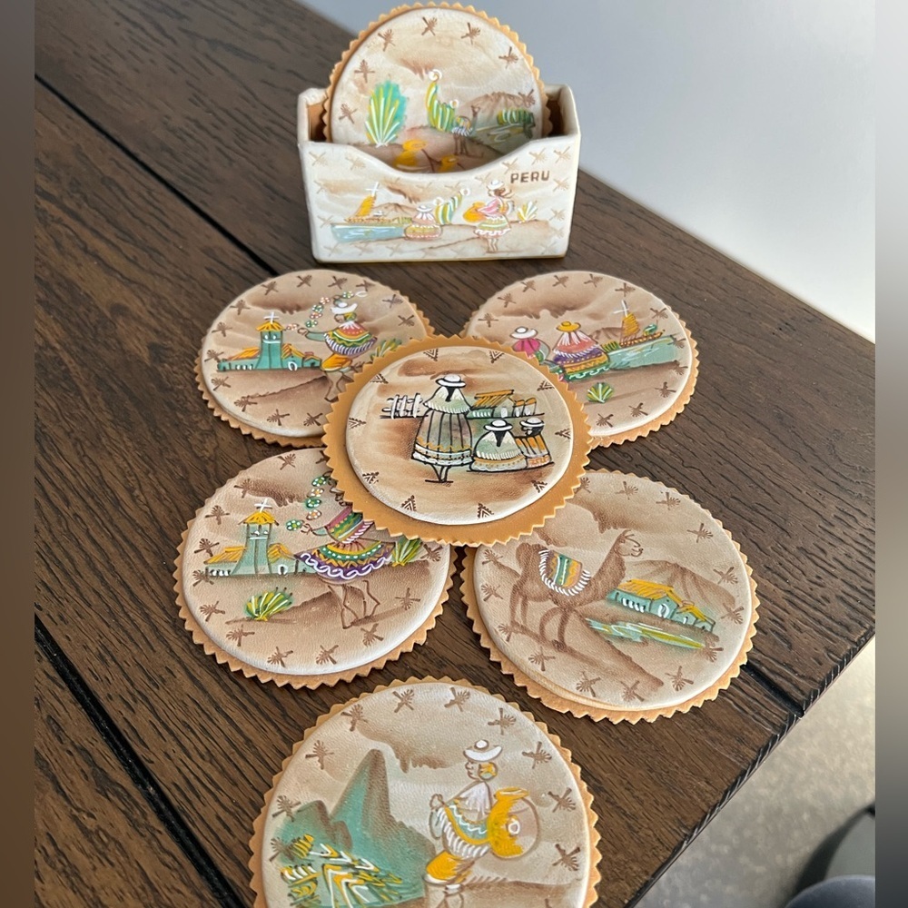 Peru Handpainted Coasters Lamas Set 6 With Holder Folk Art Souvenir Faux Leather